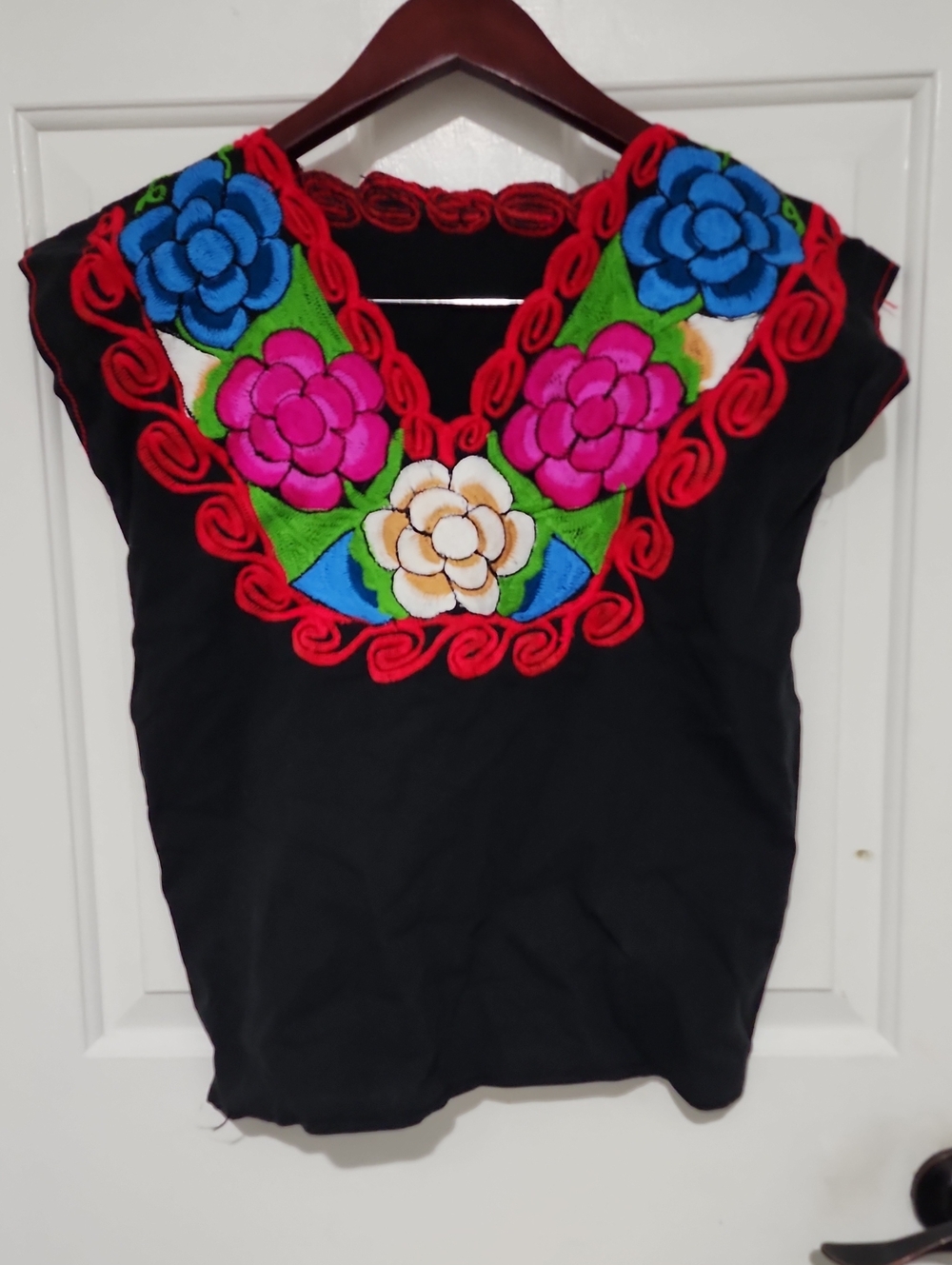 Black Floral Embroidered V-Neck Women’s Top